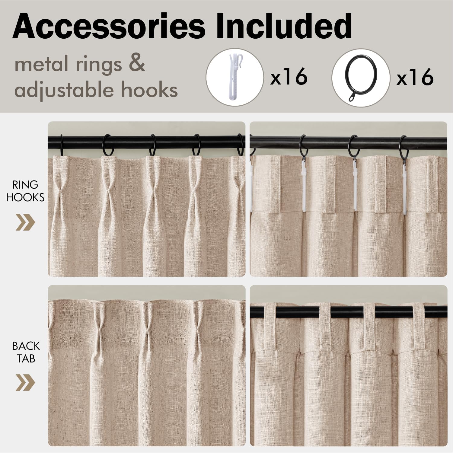 MIULEE Pinch Pleated Linen Curtains 90 Inches Long Sand Beige with Hooks