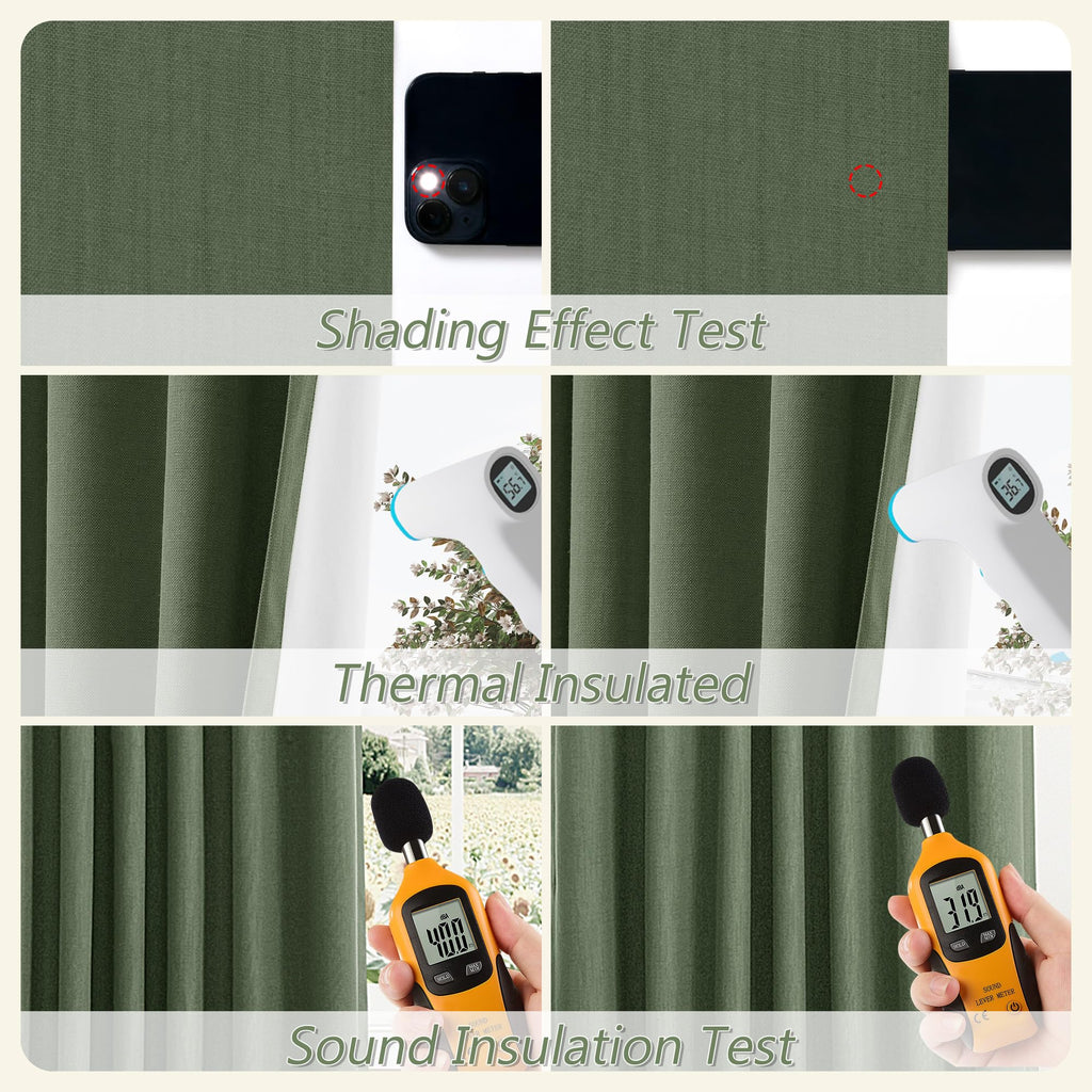Guken Olive Green 100% Blackout Curtains 102 Inch Length 2 Panels Set for Living Room Bedroom Back Tab Thermal Insulated Black Out Linen Drapes Room Darkening Window Curtains,52x102