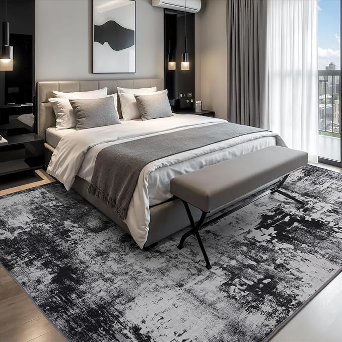 Rugflix 8x10 Area Rugs for Living Room, Black Grey Large Rug Stain-Resistant Low Pile, Big Washable Dark Carpet Non-Slip for Bedroom Dining Room Home Office Nursery Room