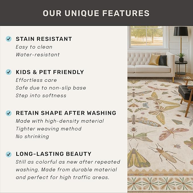 Hazo Haus Beige Dining Table Rug - 6x9 Area Rugs for Bedroom, Living Room, Cute Kids Room, Large Fun Insect Butterfly Vintage Non-Slip Décor, Low Pile Stain Resistant