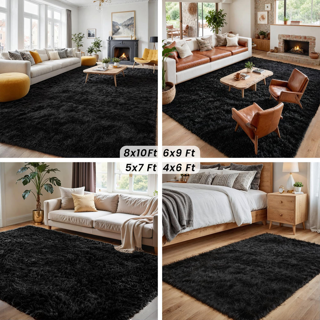5x7 Fluffy Shag Area Rugs for Living Room Bedroom: Soft Plush Carpet Black