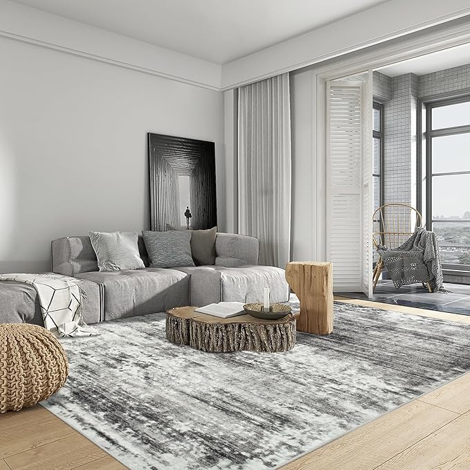 9x12 Area Rugs for Living Room: Washable Abstract Black Grey Badroom Carpet