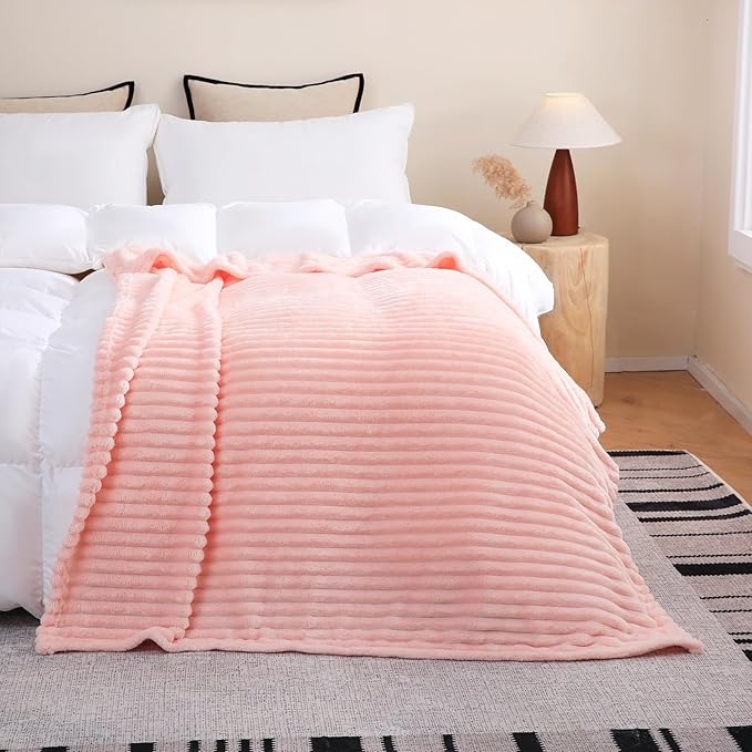 Light Pink Fleece Throw Blanket 60”×80” for Couch Sofa Bed,Super Soft Cozy Plush Microfiber Flannel Blanket with Stripes Design Lightweight for Adults,Woman,Girls