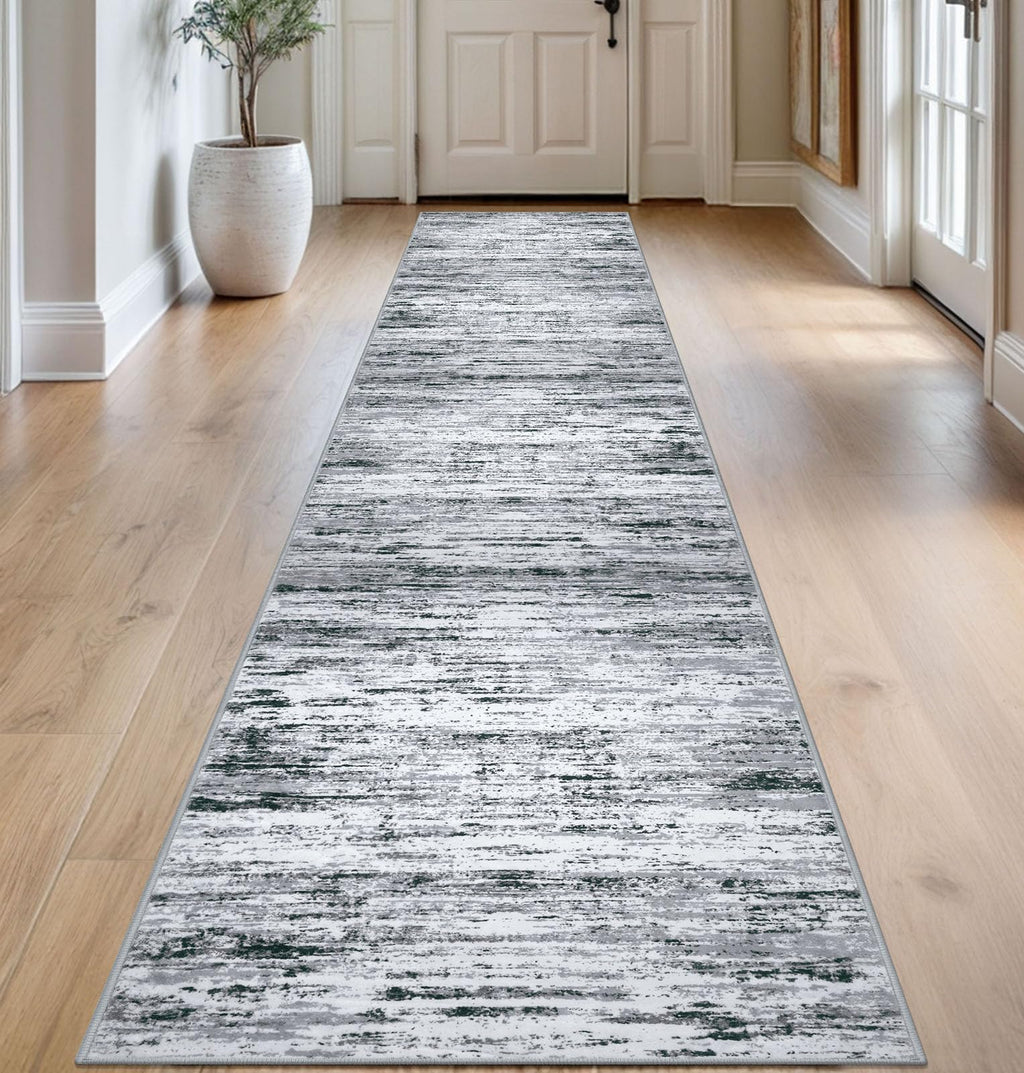 Lansny Modern Abstract Runner Rug 2.6x14, Black Grey White Washable Long Kitchen Runner Non-Slip Soft Hallway Rug Runner Thin Print Faux Wool Carpet for Entryway Bedroom Laundry Room Indoor Home Decor