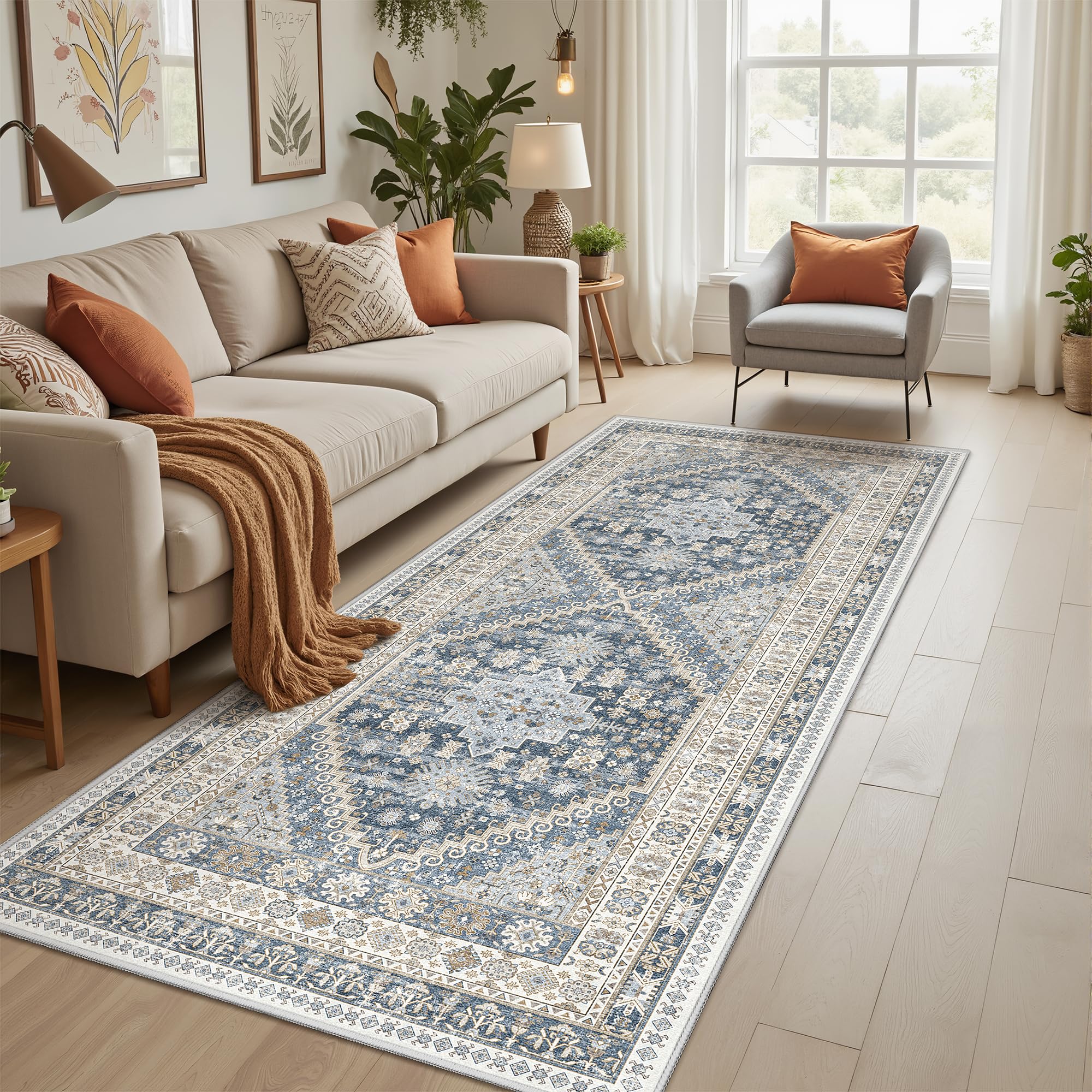 Restydon 3x8 Runner Rug Non Slip Washable Rugs for Entryway, Blue/Beige