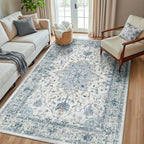 Area Rugs 6'x8' Washable Non-Slip, Floral Vintage Distress Print Pattern Medallion Carpet for Living Room Bedroom Dining Room, Light Blue Navy Beige Gray White