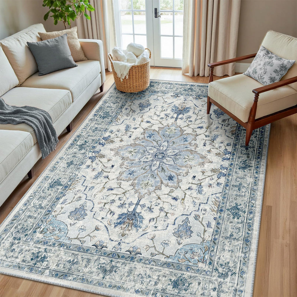 RELEANY Washable Area Rug, 5'x8', Blue/White/Gray