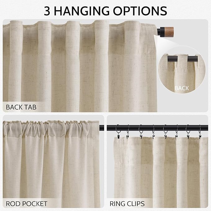 Boho Linen Curtains for Living Room 98 Inches Long Light Filtering Semi Sheer Curtain Back Tab Boho Eclectic Home Decor Elegant Luxury Farmhouse Drapes for Bedroom Dinner Room 52x98, 2 Panels