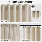 Boho Linen 112 Inch Curtains for Living Room Light Filtering Semi Sheer Curtain Back Tab Boho Eclectic Home Decor Elegant Farmhouse Drapes Floor to Ceiling High Window for Bedroom 52x112, 2 Panels