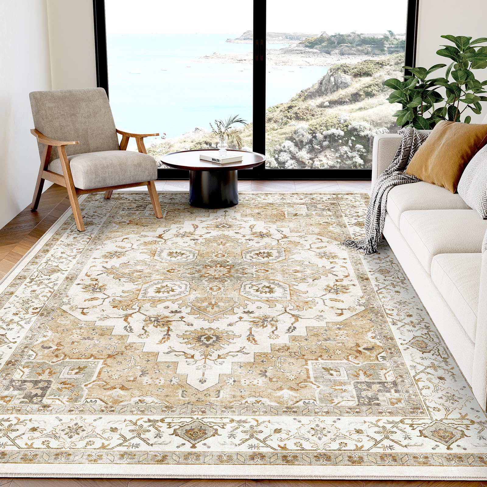 AMADA HOMEFURNISHING 5x7 Area Rugs, Washable Living Room Rug Low-Profile with Non-Slip Backing & Durable Edge Binding, Vintage 5x7 Rugs for Living Room, Bedroom, Dinning Room
