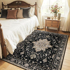 Area Rugs 5'x7' Washable Non-Slip, Floral Vintage Distress Print Pattern Medallion Carpet for Living Room Bedroom Dining Room, Black Brown Neutral Dark Tan