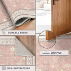 Washable 8x10 Blush Pink Rug for Bedroom Girls Dorm, Floral Retro Living Room Rugs, Soft Thin Low Pile Non Slip Stain Resistant Carpet
