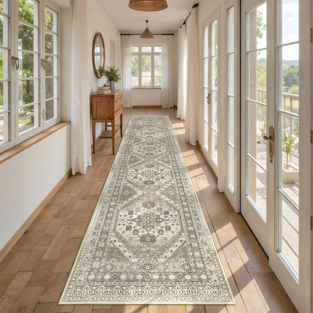 Restydon Runners for Hallway 12ft, Non-Slip Long Bathroom Rugs, Brown