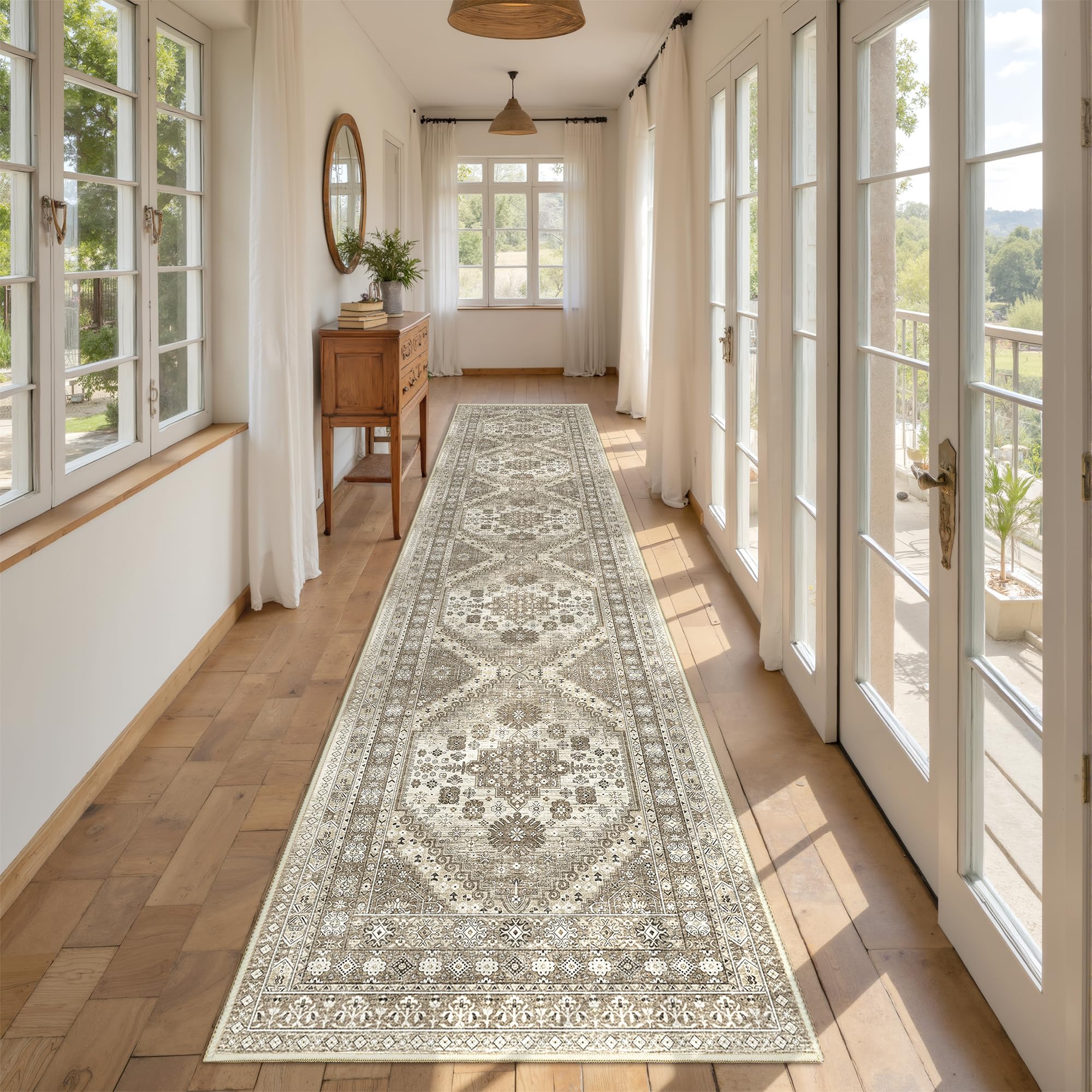 Restydon Runners for Hallway 12ft, Non-Slip Long Bathroom Rugs, Brown