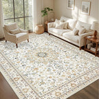 6x9 Area Rugs Living Room Rug: Washable Vintage Boho Rug No Slip Stain Resistant Soft Carpet Indoor Floor Floral Large Carpets for Bedroom Dining Room Farmhouse Nursery Home Office Beige