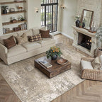 Beige Area Rug 8x10 Machine Washable Modern Abstract Living Room Carpet Non Slip Neutral Low Pile Soft Non Shedding Bedroom Contemporary Large Rug Indoor Office Dining Room Playroom