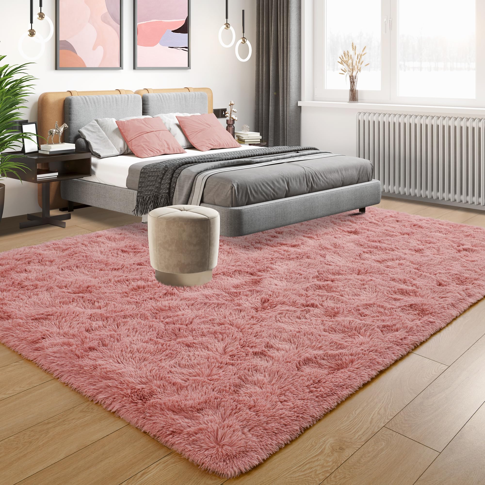 Tepook Blush Pink Area Rugs for Living Room Girls Bedroom, 9x12 Fluffy Shaggy Dusty Pink Rug for Kids Room Playroom, Plush Shag Non-Slip Carpet for Nursery Dorm Classroom, Cute Rose Beige Rug