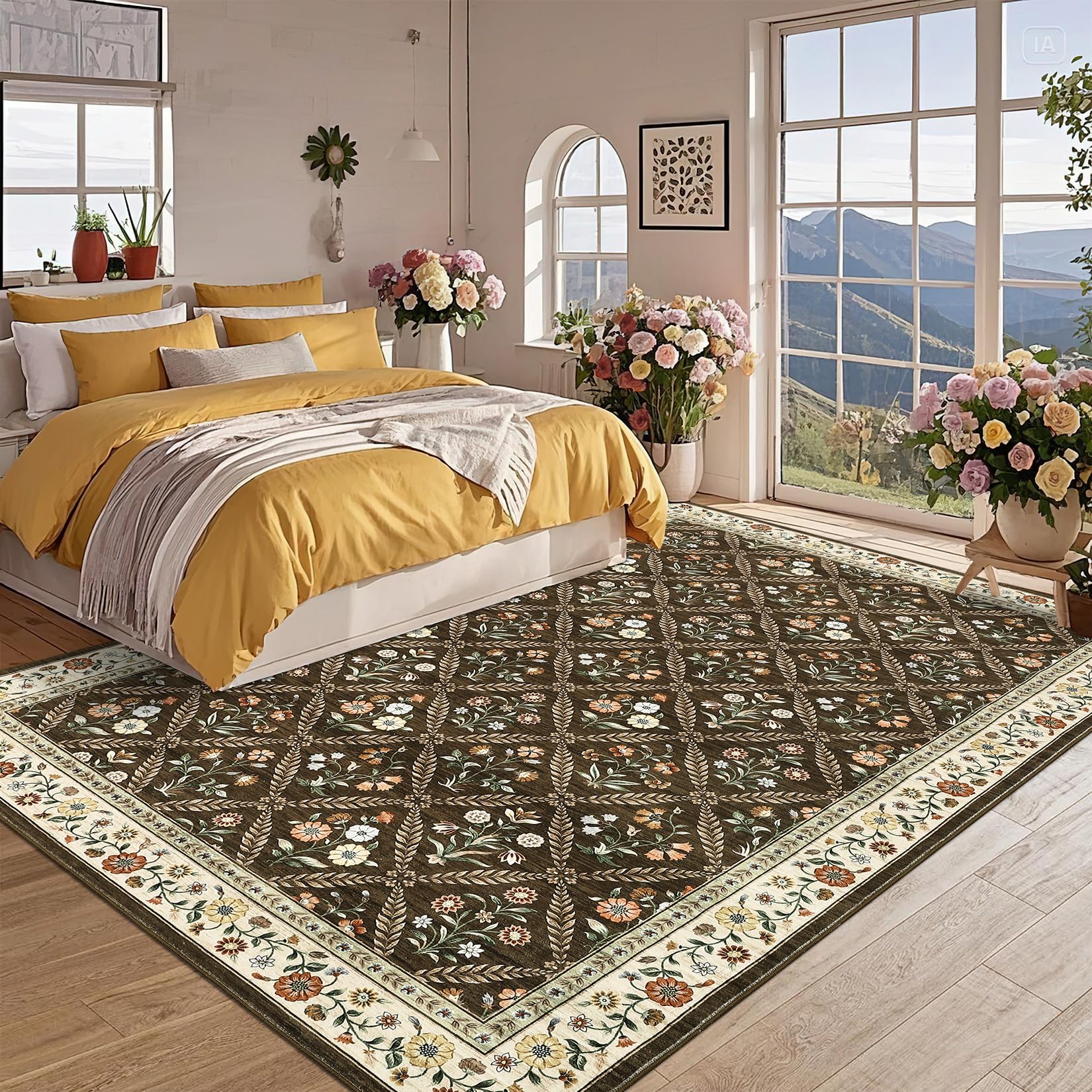 GarveeHome 6x9 Machine Washable Area Rugs for Living Room Floral Stain Resistant Soft Carpet Vintage Low Pile Non Slip Non-Shedding Floor Carpet Rugs for Bedroom Nursery Brown