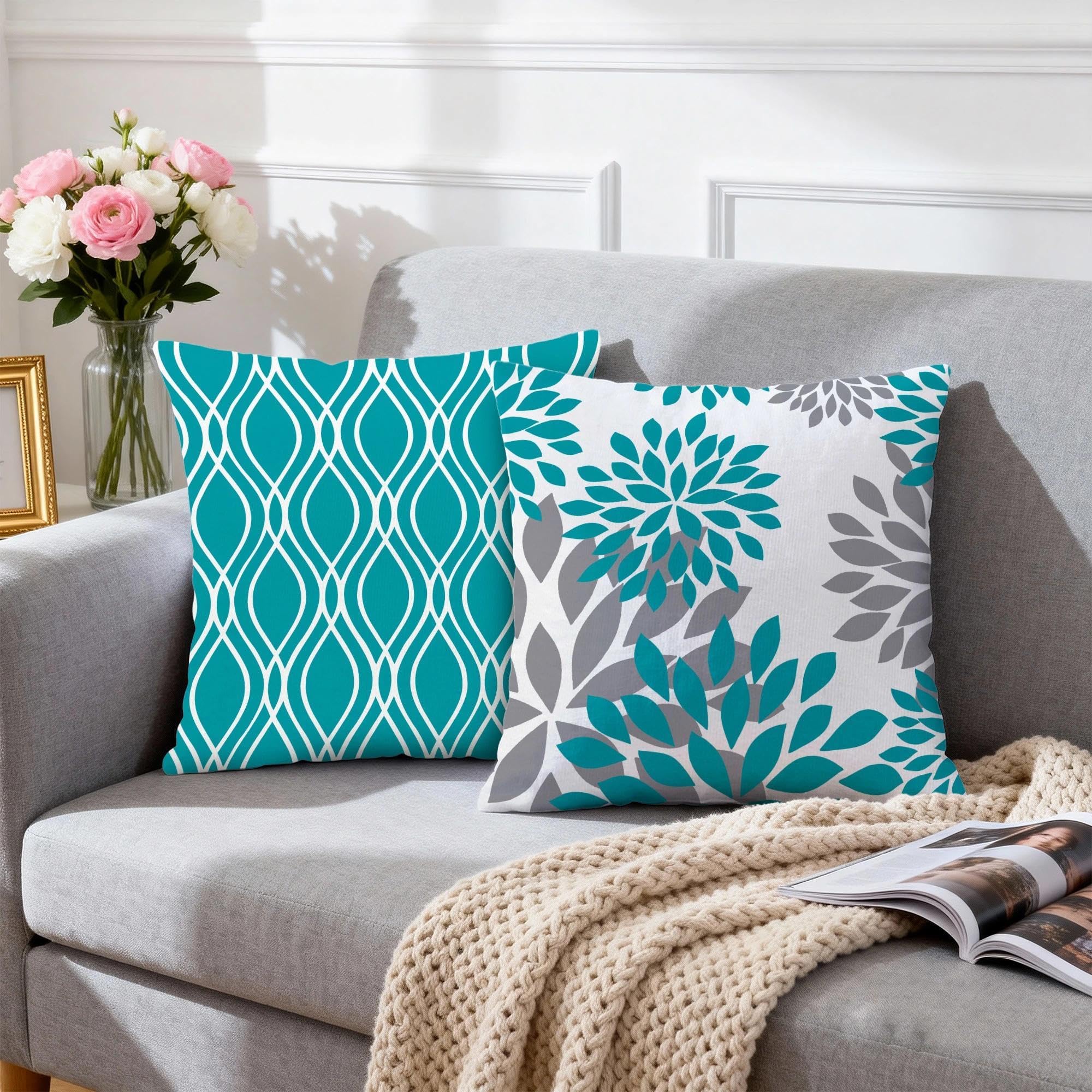 Hexagram Geometric Teal Pillow Covers 16x16, Decorative Pillow Covers