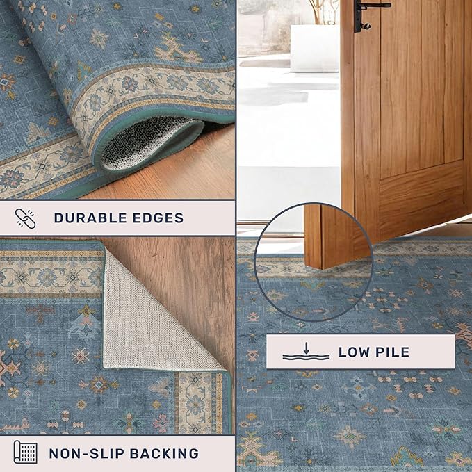 Hazo Haus Boho 7x10 Accent Area Rugs for Living Room - Dusky Blue Rug for Bedroom Under Bed, Dining Room Under Kitchen Table, Washable Soft Non Slip Unique Colorful Indoor Décor