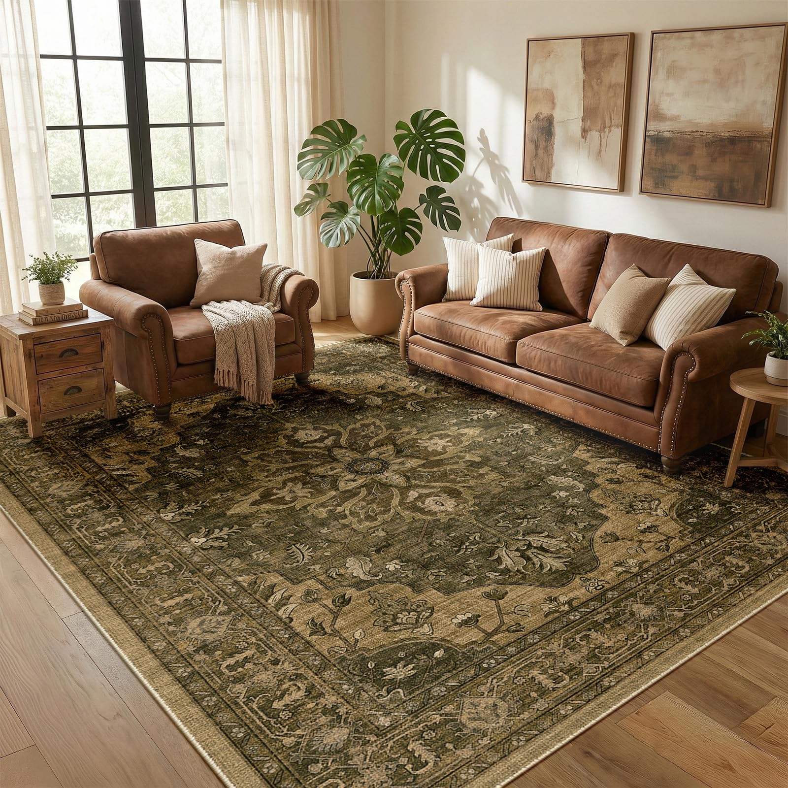 RELEANY Washable Area Rug, 5'x7', Brown/Dark Brown