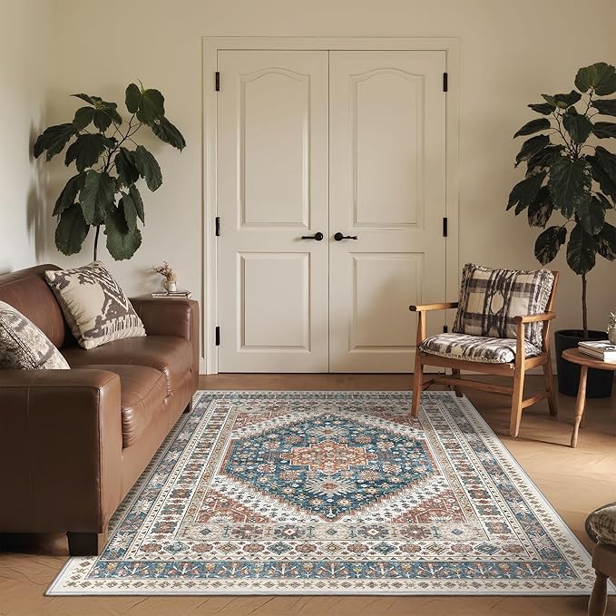 Restydon 3x5 Washable Area Rug for Entryway Non Slip Kitchen Rugs, Blue/Red