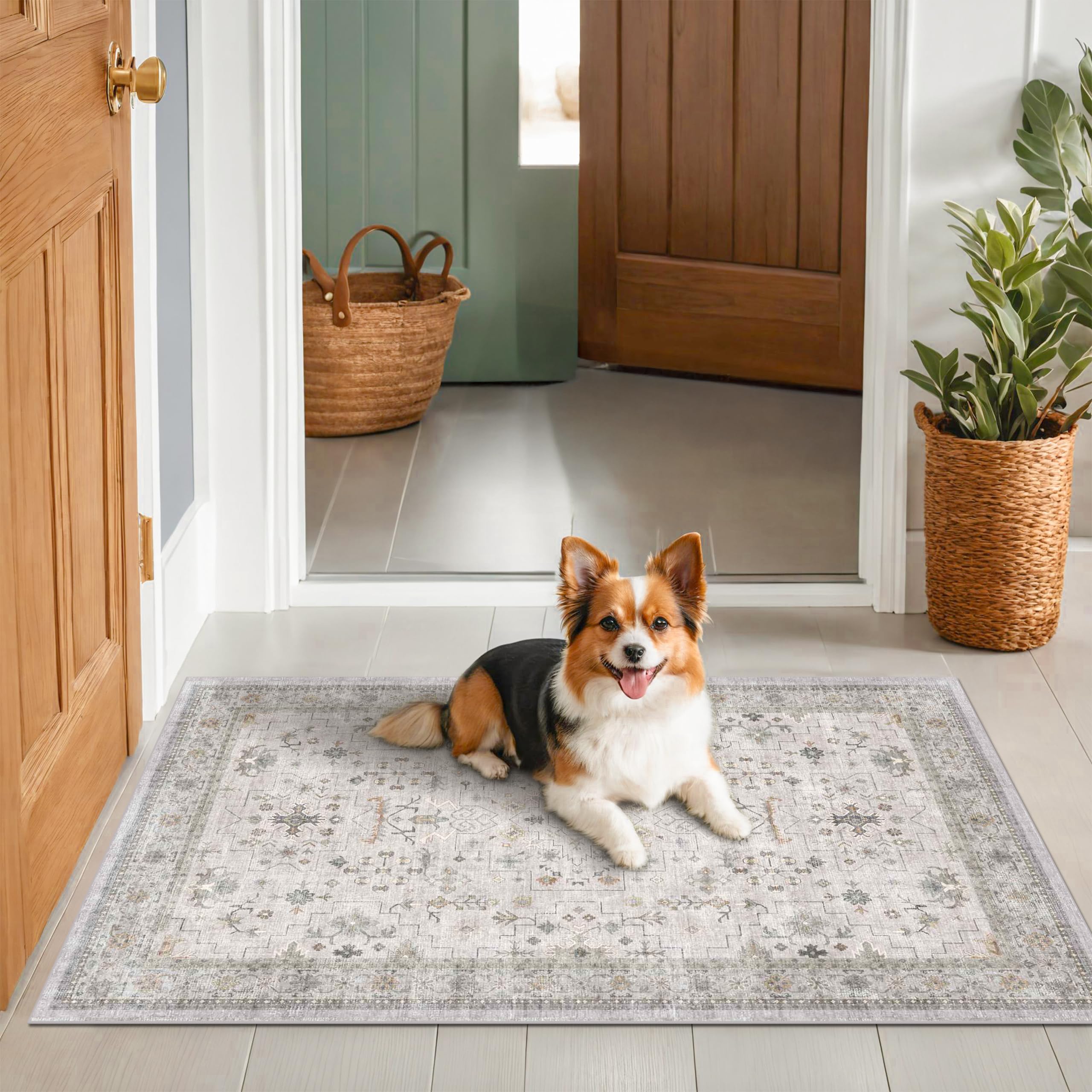 Washable 3x5 Large Bathroom Rug - Neutral Boho Geometric Area Rugs for Entryway, Kitchen, Bedroom Beside Bed, Laundry, Modern Vintage Eclectic Light Gray & Sage Floral Decor, Low Pile & Non-Slip Stain
