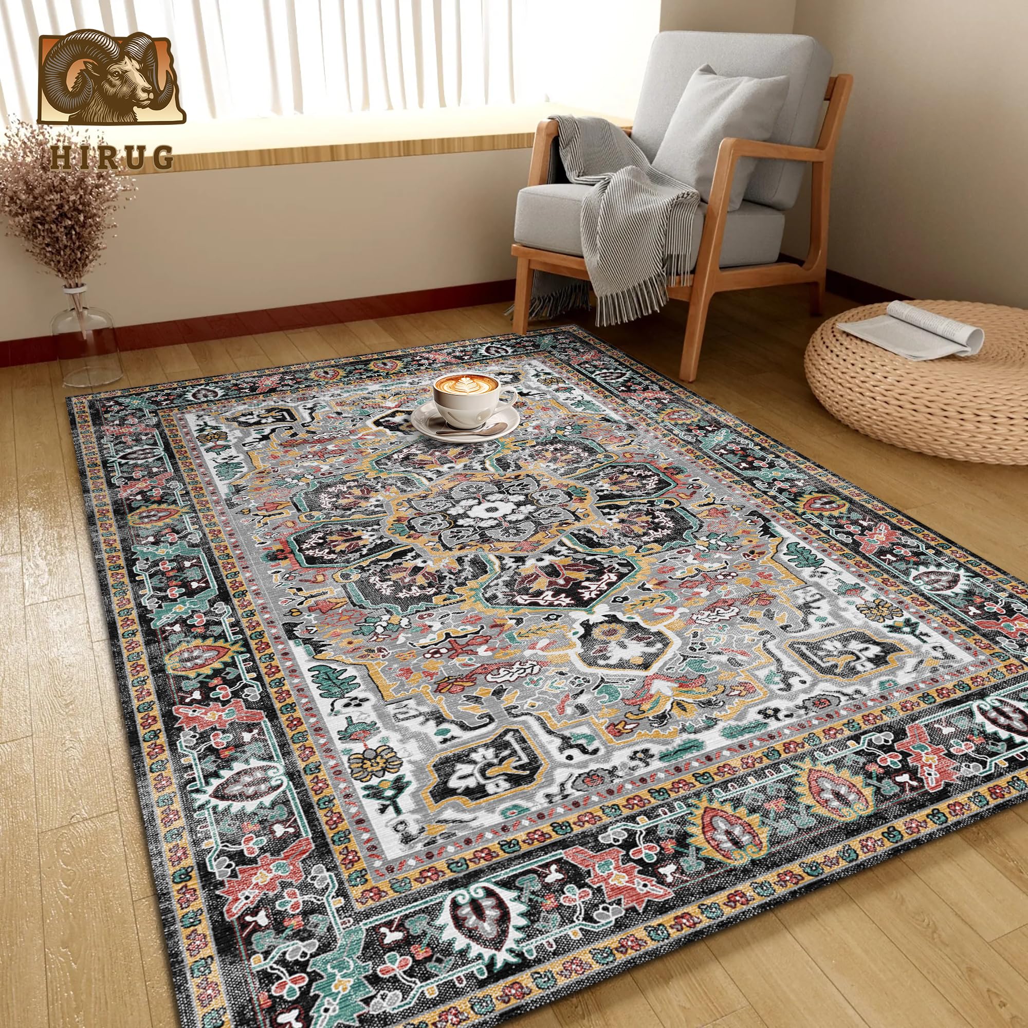 Washable Area Rug 3' x 5 ' Vintage Traditional Persian Mat - Foldable Distressed Non-Slip Machine Washable Carpet for Living Room Bedroom Kitchen Home Decor - Slate and Multicolor