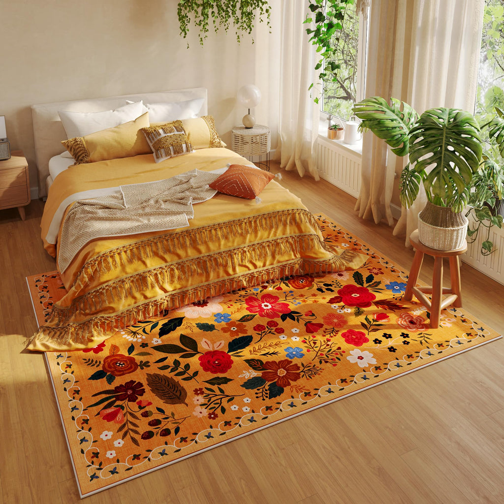 Rugcomf Living Room Rug 6x9 Rug Machine Washable Boho Area Rug Non Slip Floral Vintage Low Pile Large Rug for Living Room, Bedroom, Farmhouse, Dining Room, Kids Playroom(Yellow)