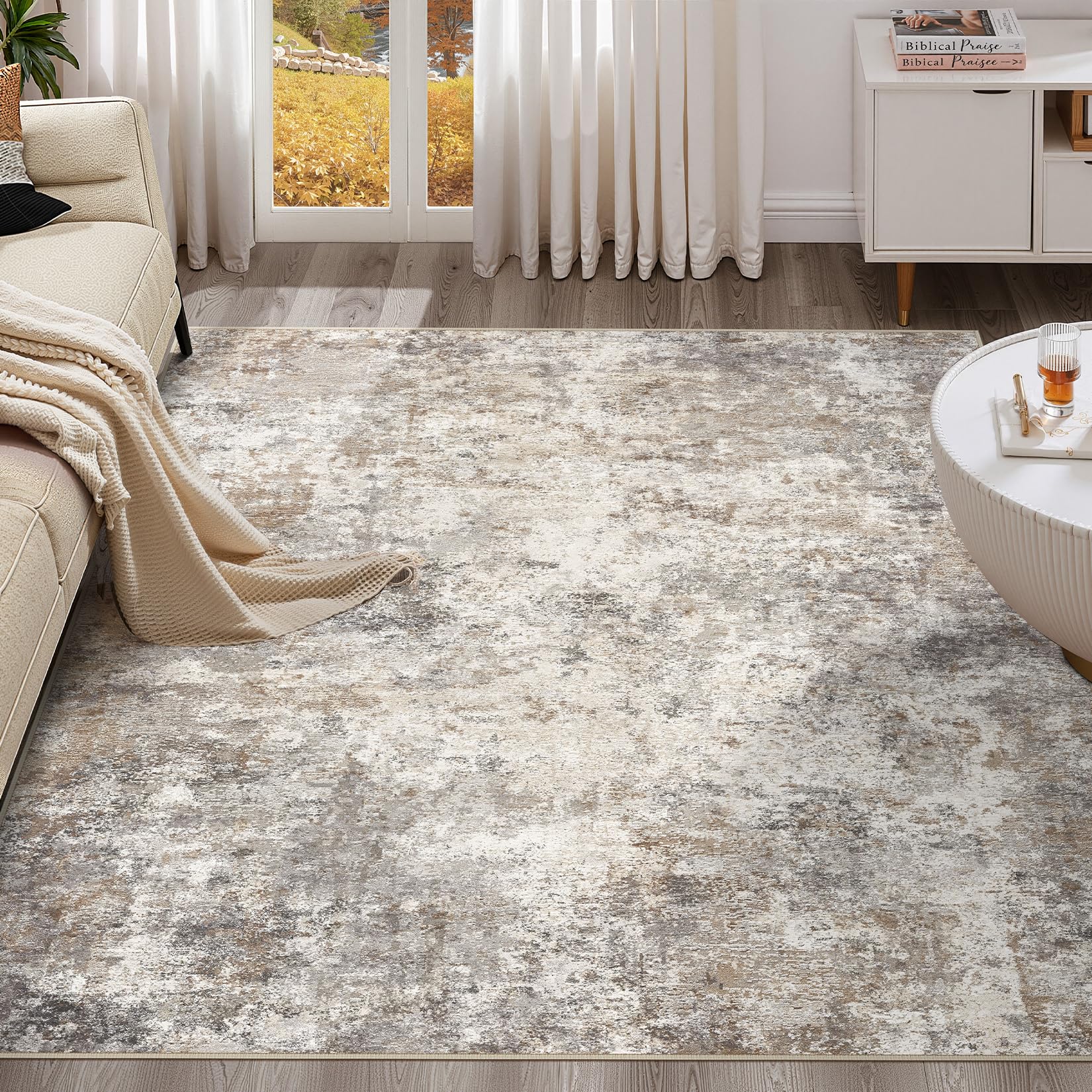 UERMEI Square Area Rugs: Washable 8x8 Neutral Modern Abstract Carpet for Living Room Bedroom - Soft Floor Mat with Non Slip Backing for Kitchen Nursery Dorms Farmhouse Home Decor - Brown Grey