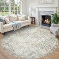 Aelenmu Round Rug 8ft Washable Rug for Dining Room Living Room Beige Brown