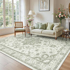Madane 9x12 Area Rugs for Living Room, Machine Washable Vintage Green Rug with Non-Slip Backing, Soft Throw Large Rug, Thin Carpet for Bedroom Dining Room Farmhouse Under Table, Green/Ivory