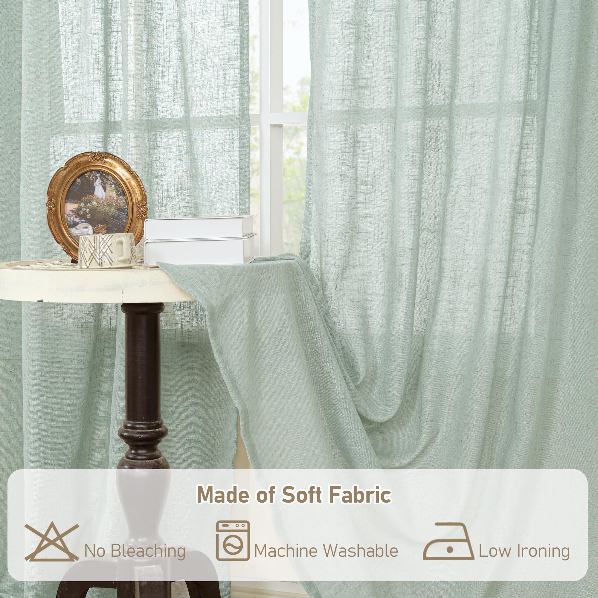 LAMIT Light Sage Linen Sheer Curtains for Bedroom 84 Inches Long, 2 Panels