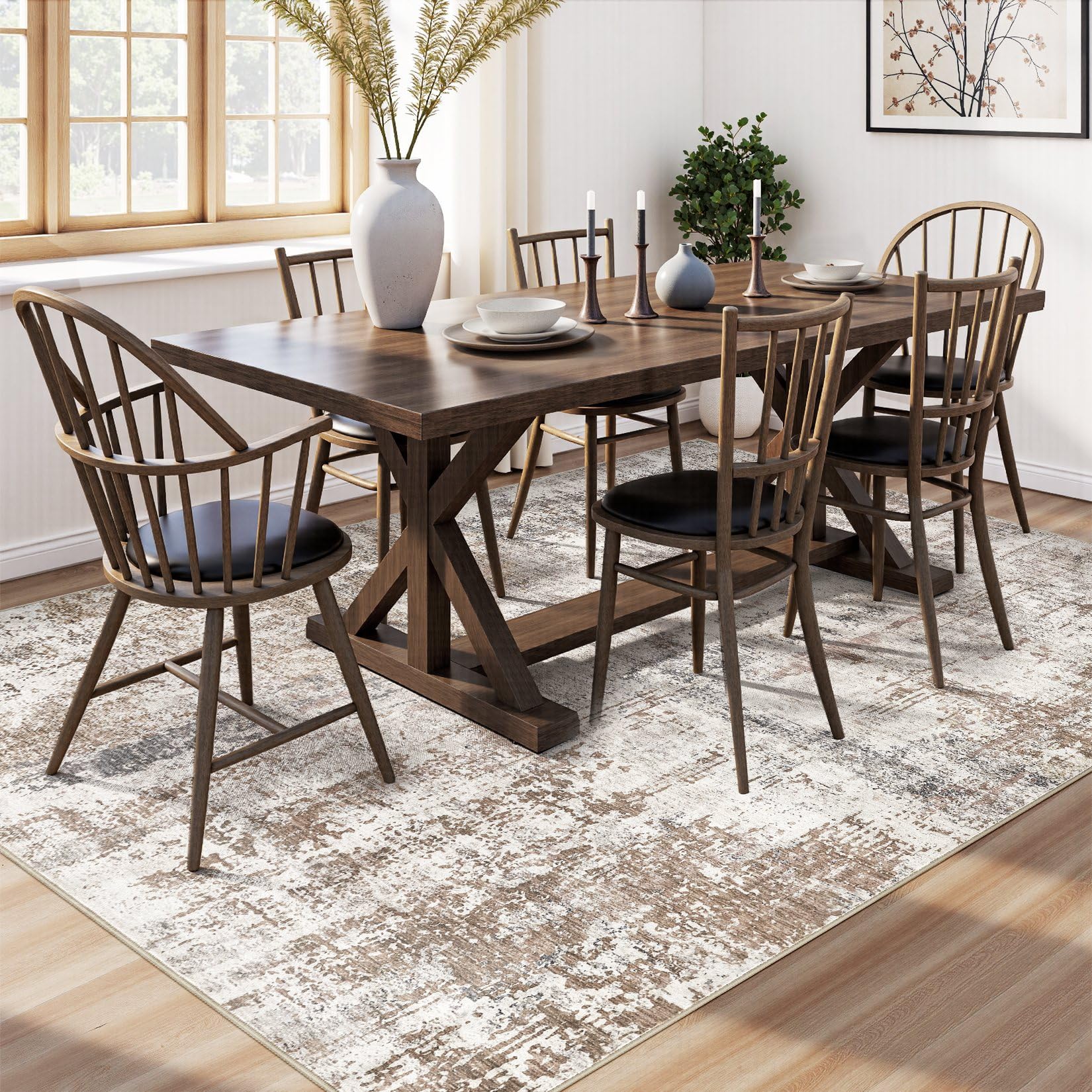 UERMEI Area Rug Living Room Rugs - Washable Neutral Modern Abstract Soft Thin Rug Indoor Floor No Slip Rug Carpet for Bedroom Under Dining Table Home Office Decor - Brown/Grey/Red - 6x9