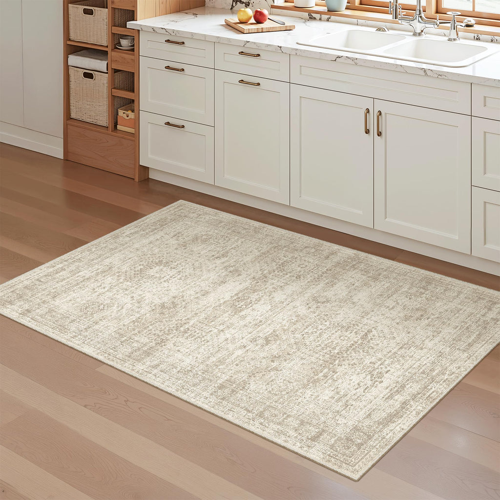 Soalmost 3x4 Rugs Non-Slip, Small Washable Kitchen Entryway Area Rug Beige