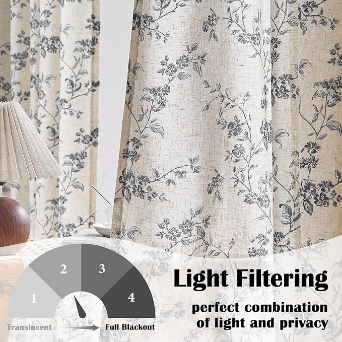 Lazzzy Farmhouse Linen Curtains Black Floral Curtains 84 Inch Length Back Tab Drapes for Living Room Bedroom Light Filtering Country Vintage Rod Pocket, 2 Panels, Black on Beige