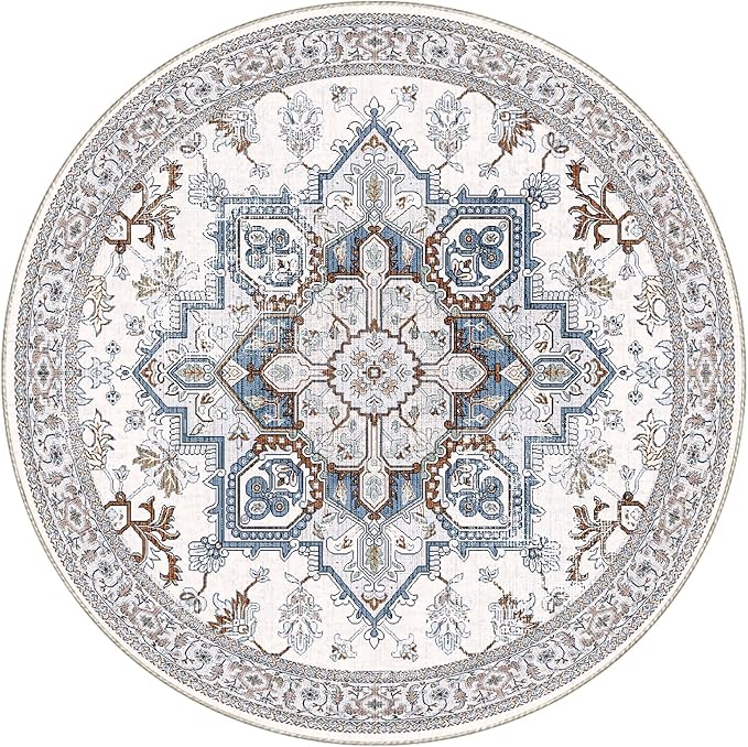 OPPODREAM Soft Area Rugs 5', Persian-Inspired Washable Rug, Cream White & Blue