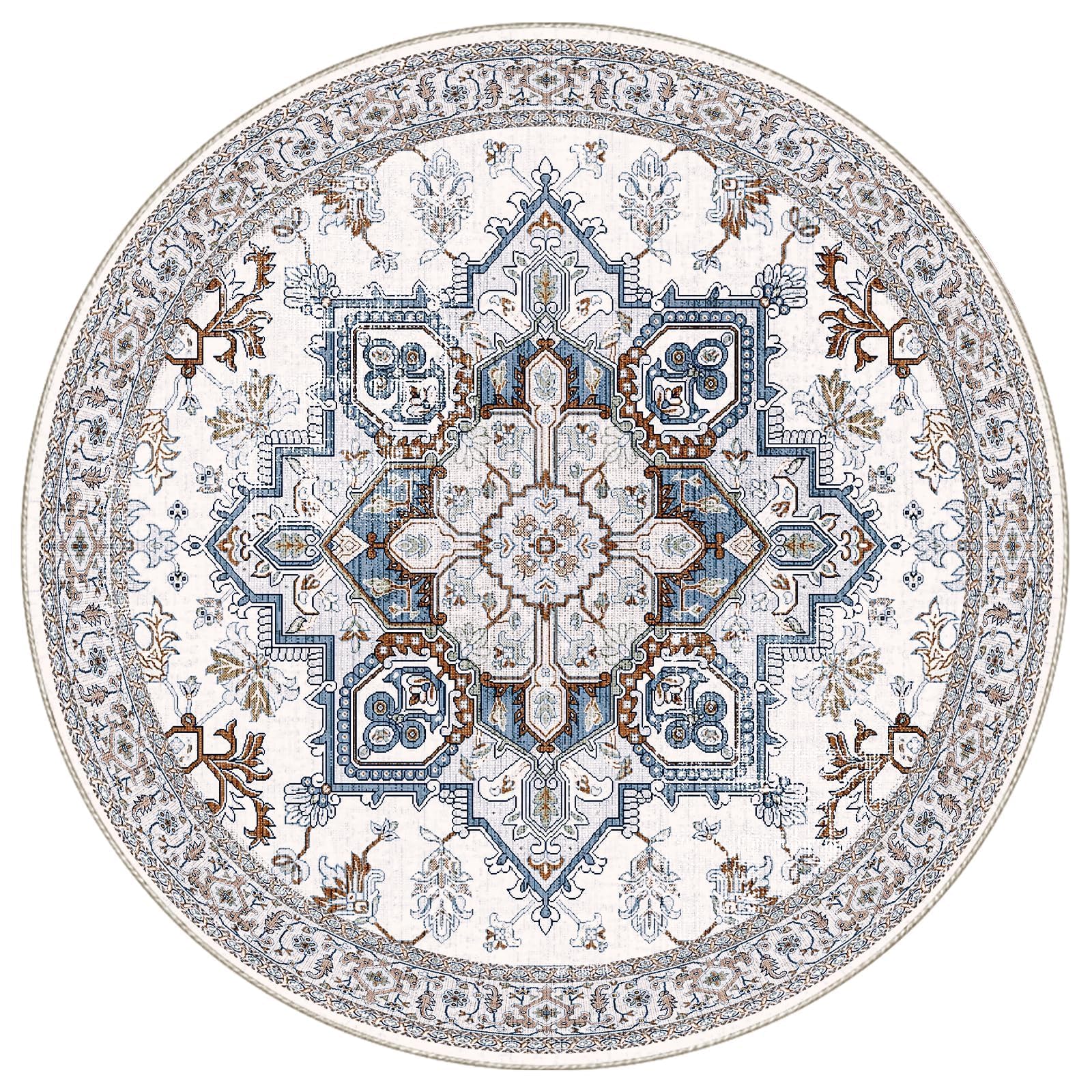 OPPODREAM Soft Area Rugs 6', Persian-Inspired Washable Rug, Cream White & Blue
