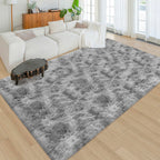 JiaoBaba Tie Dye Grey Rug for Living Room 5x8ft Fluffy Modern Shag Area Rug Mat Bedside Throw Rug for Bedroom Kids Room Boys Teens Nursery Baby Dorm Office Home Decor Soft and Cozy Carpets