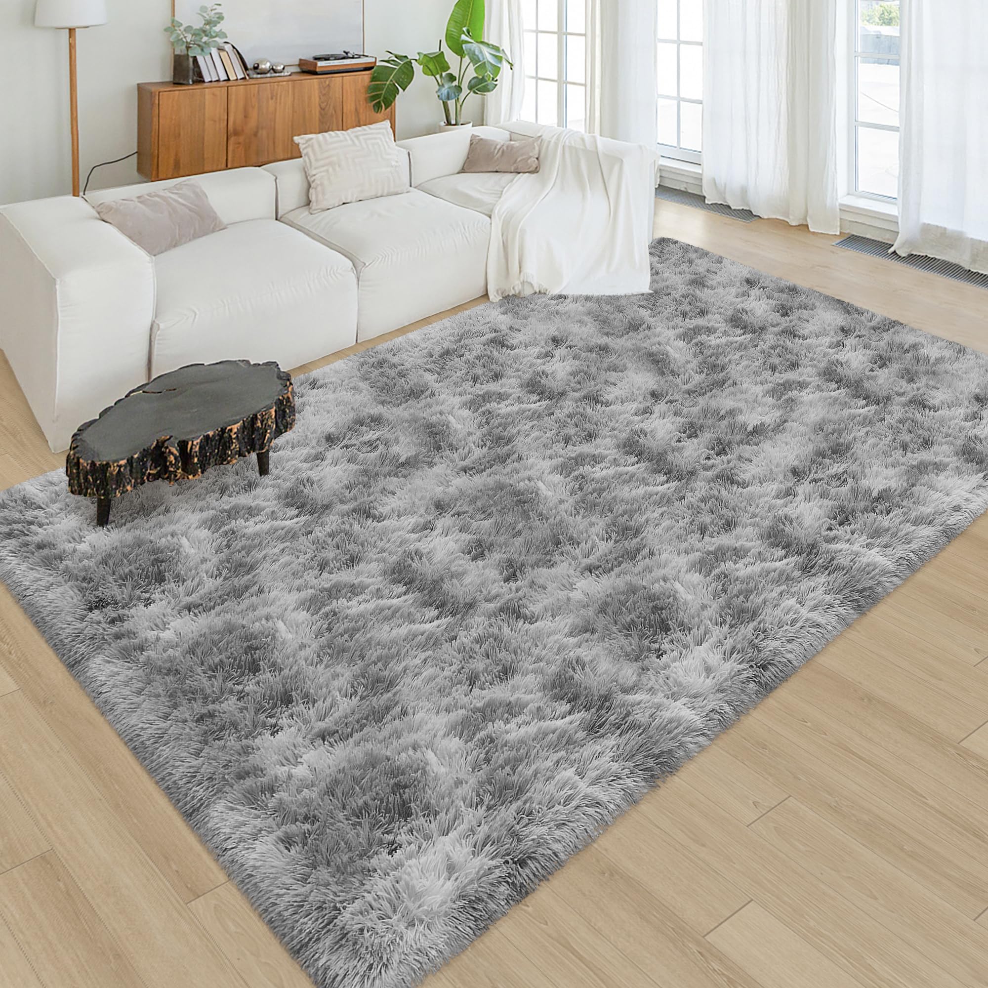 JiaoBaba Tie Dye Grey Rug for Living Room 5x8ft Fluffy Modern Shag Area Rug Mat Bedside Throw Rug for Bedroom Kids Room Boys Teens Nursery Baby Dorm Office Home Decor Soft and Cozy Carpets