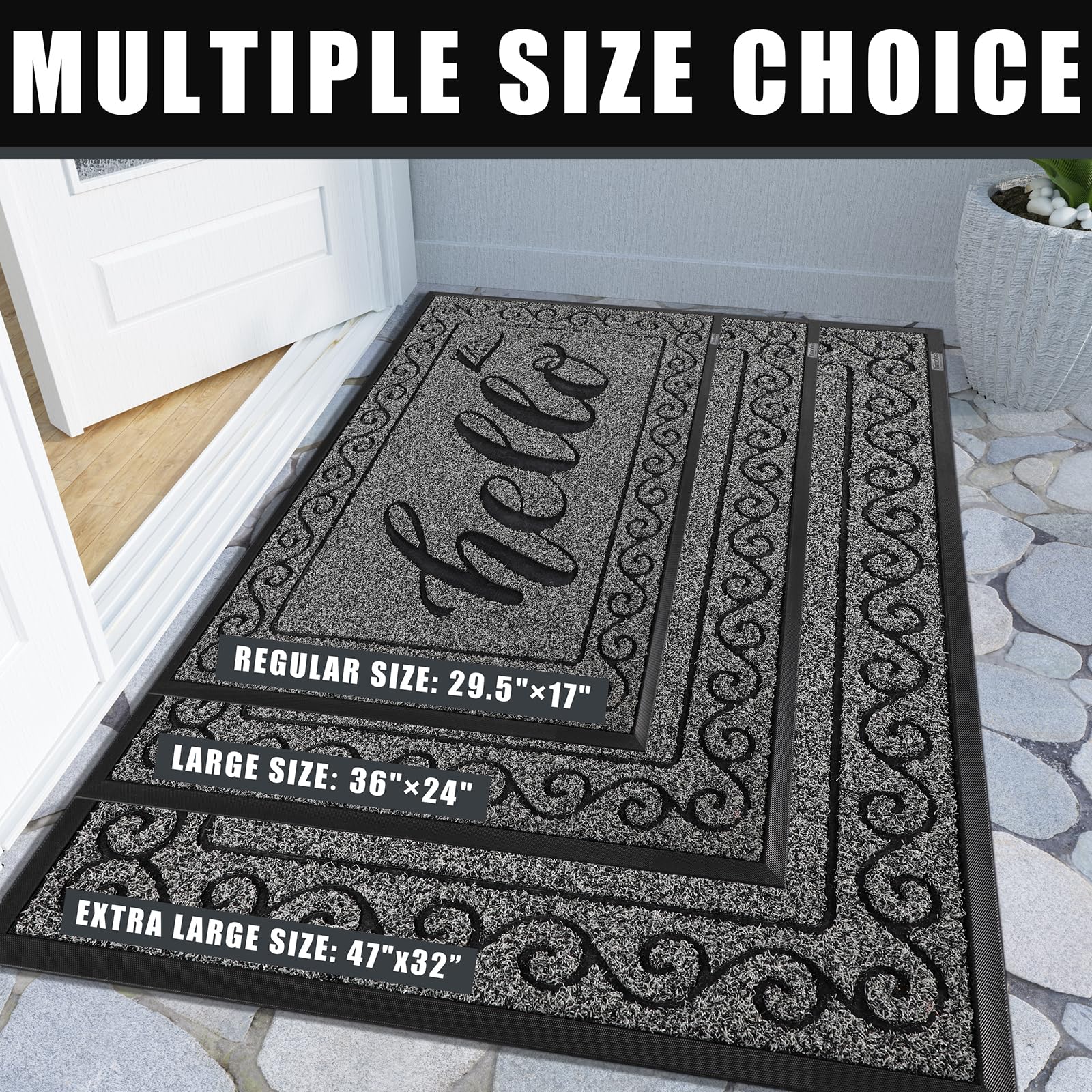 Yimobra Welcome Mats for Front Door 36x24, Heavy Duty Waterproof Outdoor Door Mat Outside Entrance, Non-Slip Low Profile Indoor Entryway Mat for Garage Patio, Black Gray