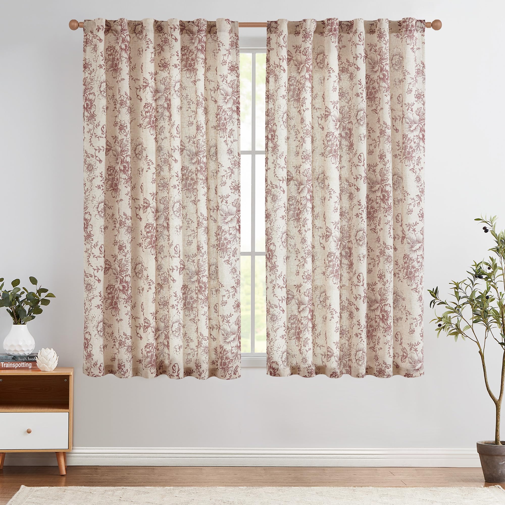 jinchan Vintage Floral Linen Curtains 54 Long for Living Room 2 Panels