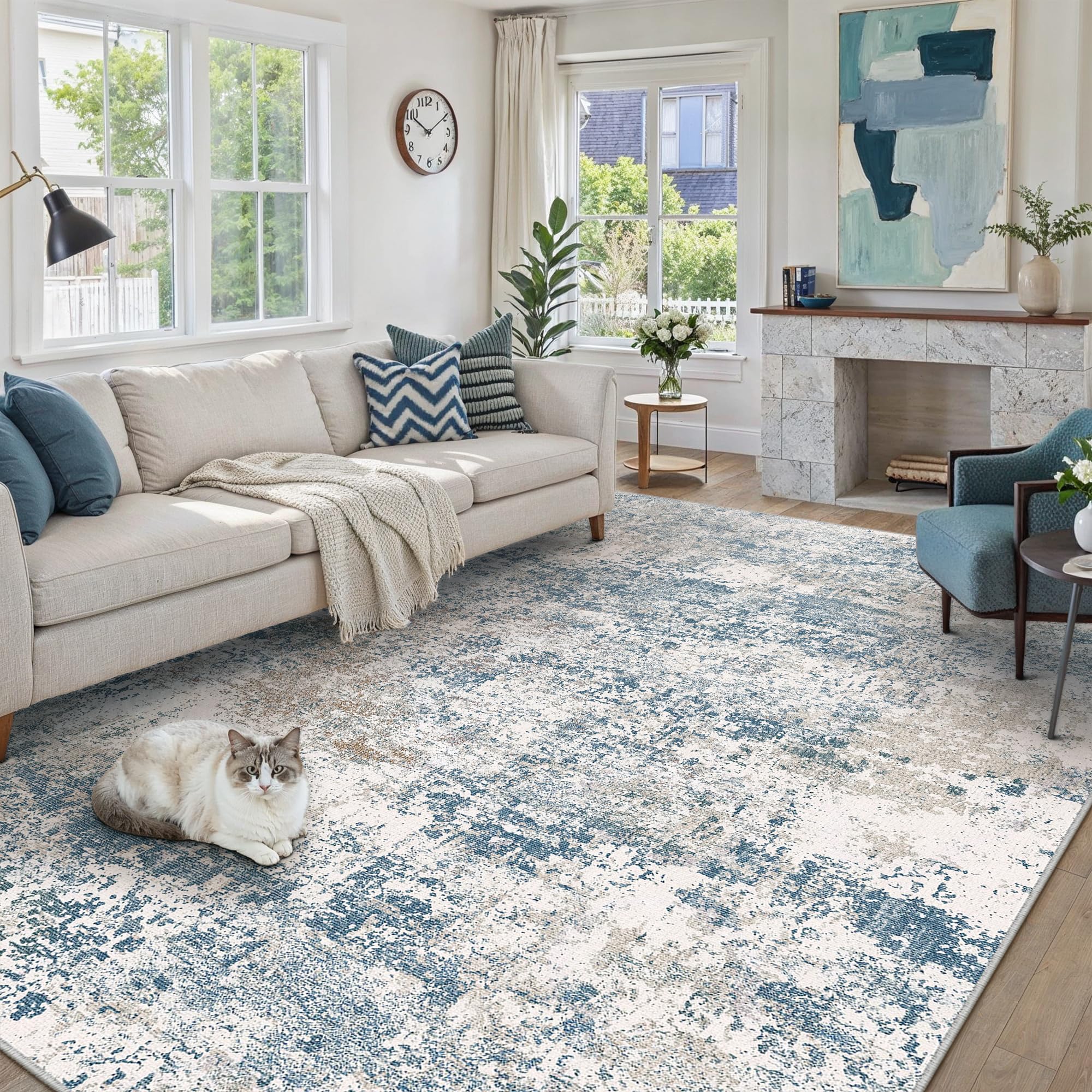 PureCozy Blue Area Rug 8x10 Modern Abstract