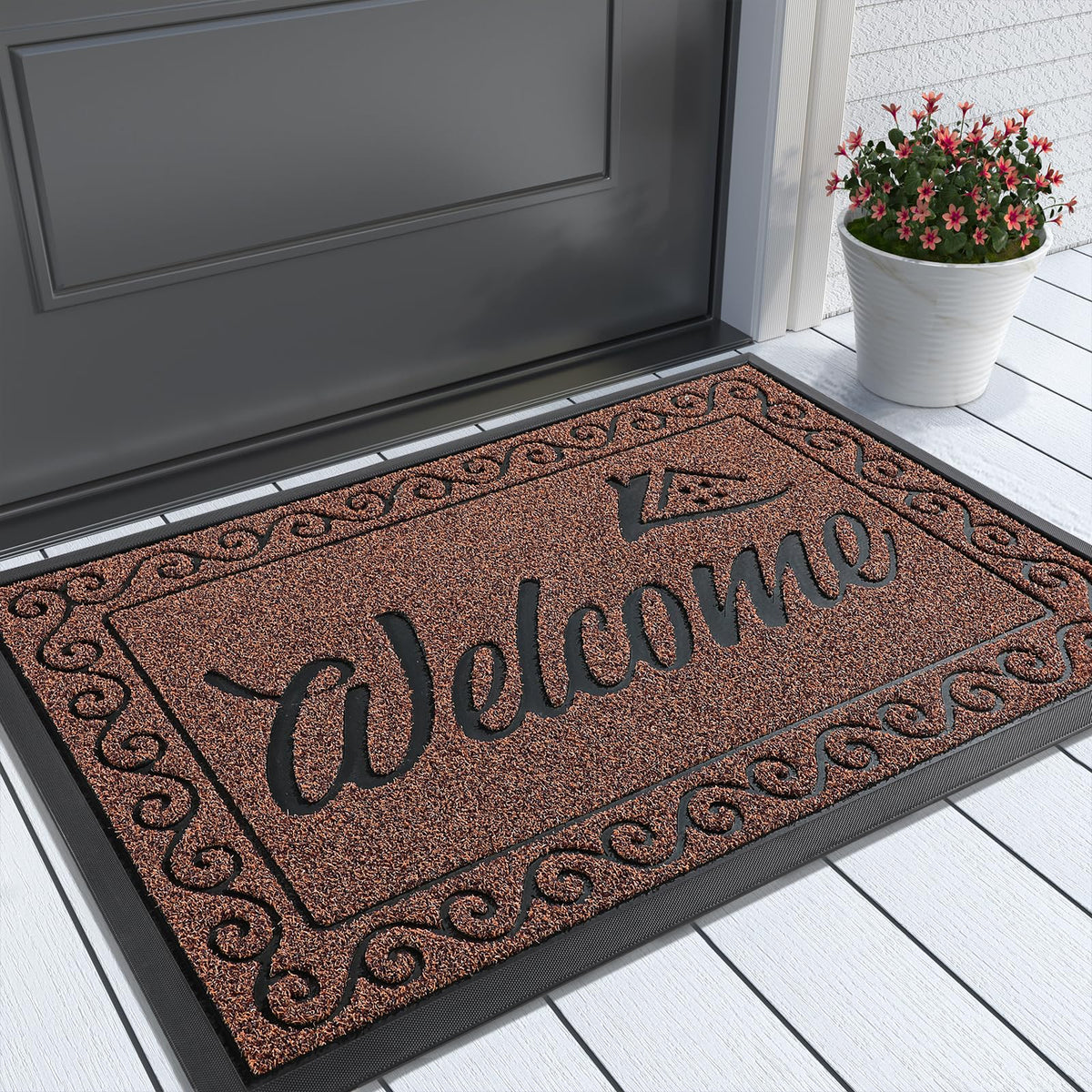 Yimobra Welcome Mat, Heavy Duty Sturdy Door Mats for Home Entrance Outdoor Indoor, Front Doormat for Outside Patio Floor Entry Porch Garage Office, Waterproof, Low Profile, 60 x 36, Black Grey