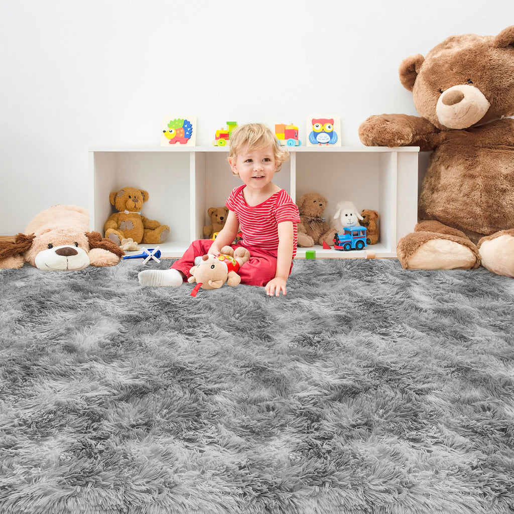 JiaoBaba Tie Dye Grey Soft Shaggy Fluffy Rug for Living Room 6x9ft Anti-Skid Durable Area Rug Mat Bedside Throw Rug for Bedroom Kids Room Boys Teens Nursery Dorm Office Home Decor Carpets