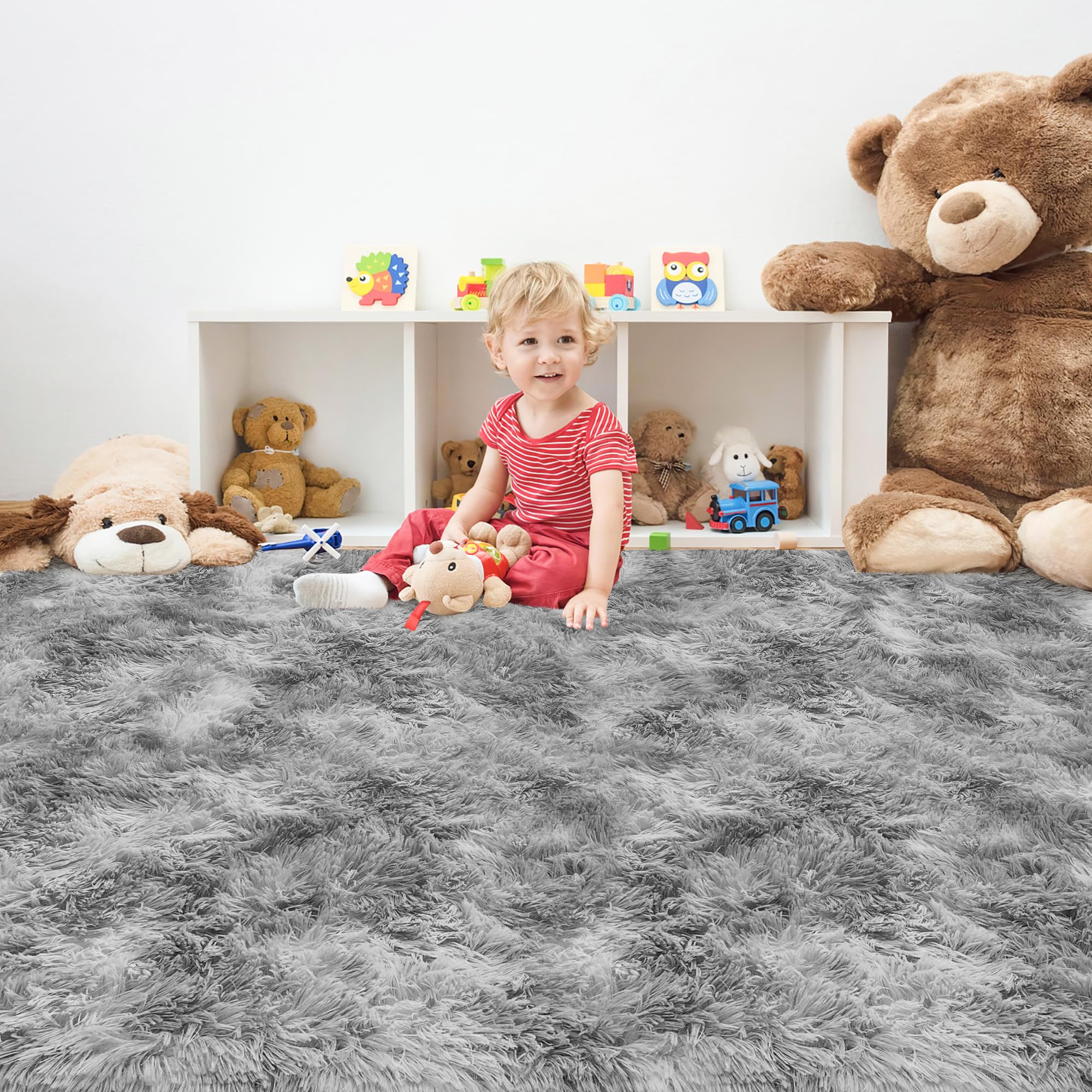 JiaoBaba Tie Dye Grey Soft Shaggy Fluffy Rug for Living Room 6x9ft Anti-Skid Durable Area Rug Mat Bedside Throw Rug for Bedroom Kids Room Boys Teens Nursery Dorm Office Home Decor Carpets