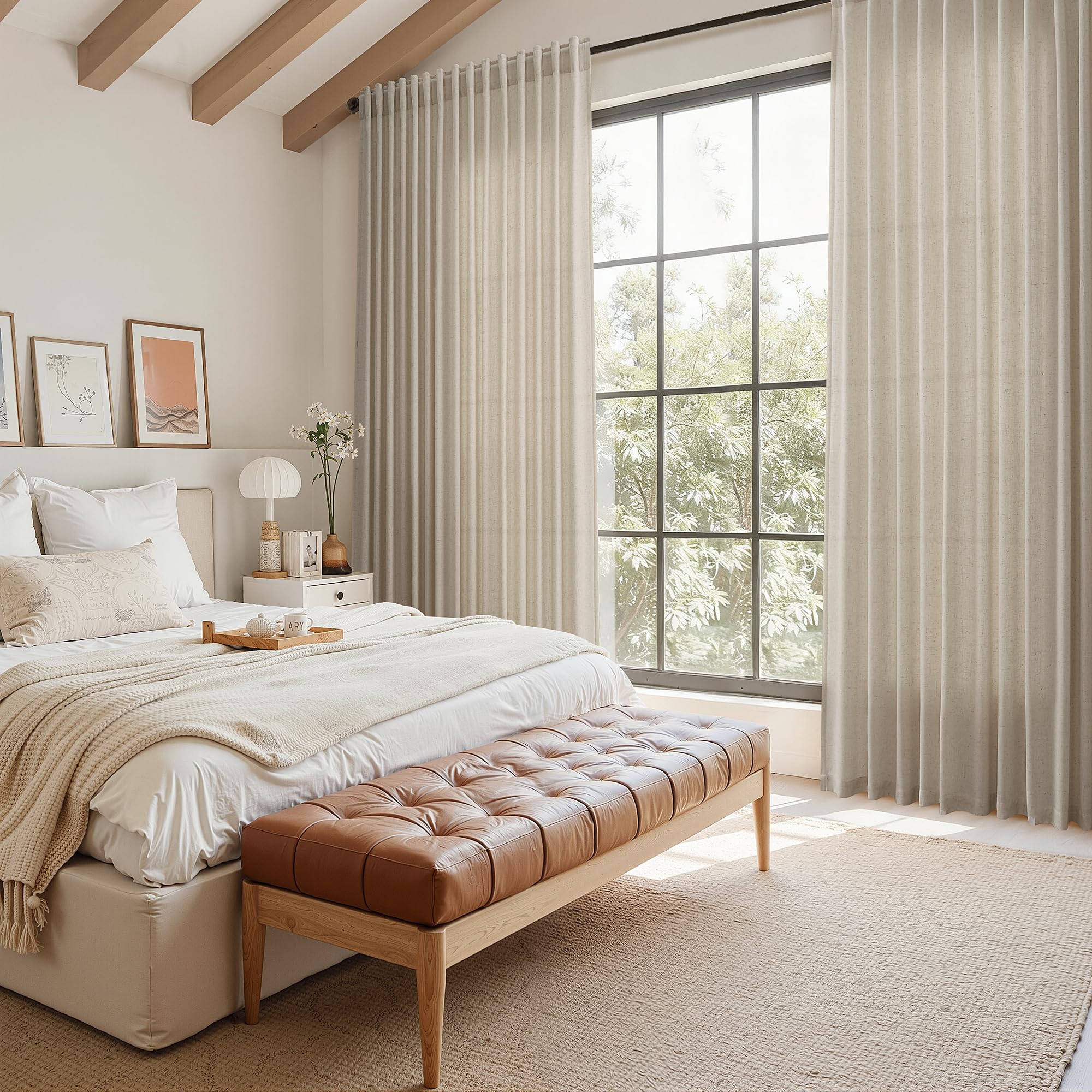 Nanspring Modern Farmhouse Linen Curtains 96 Inches Long for Living Room Cobblestone Light Filtering Semi Sheer Curtain Back Tab and Rod Pocket Coastal Decor Drapes for Bedroom 52x96, 2 Panels