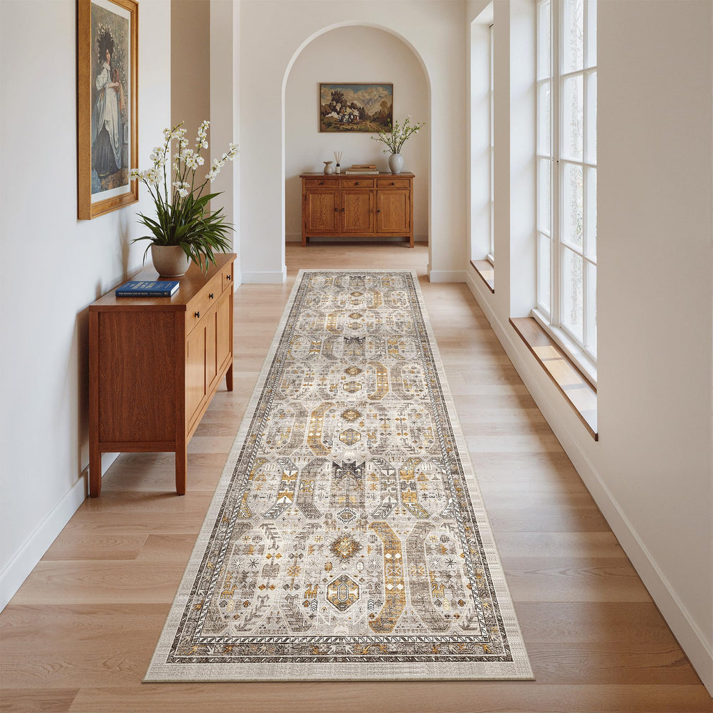 Madane Kitchen Runner Rug 2x7 with Rubber Backing Non Slip, Brown/Gold