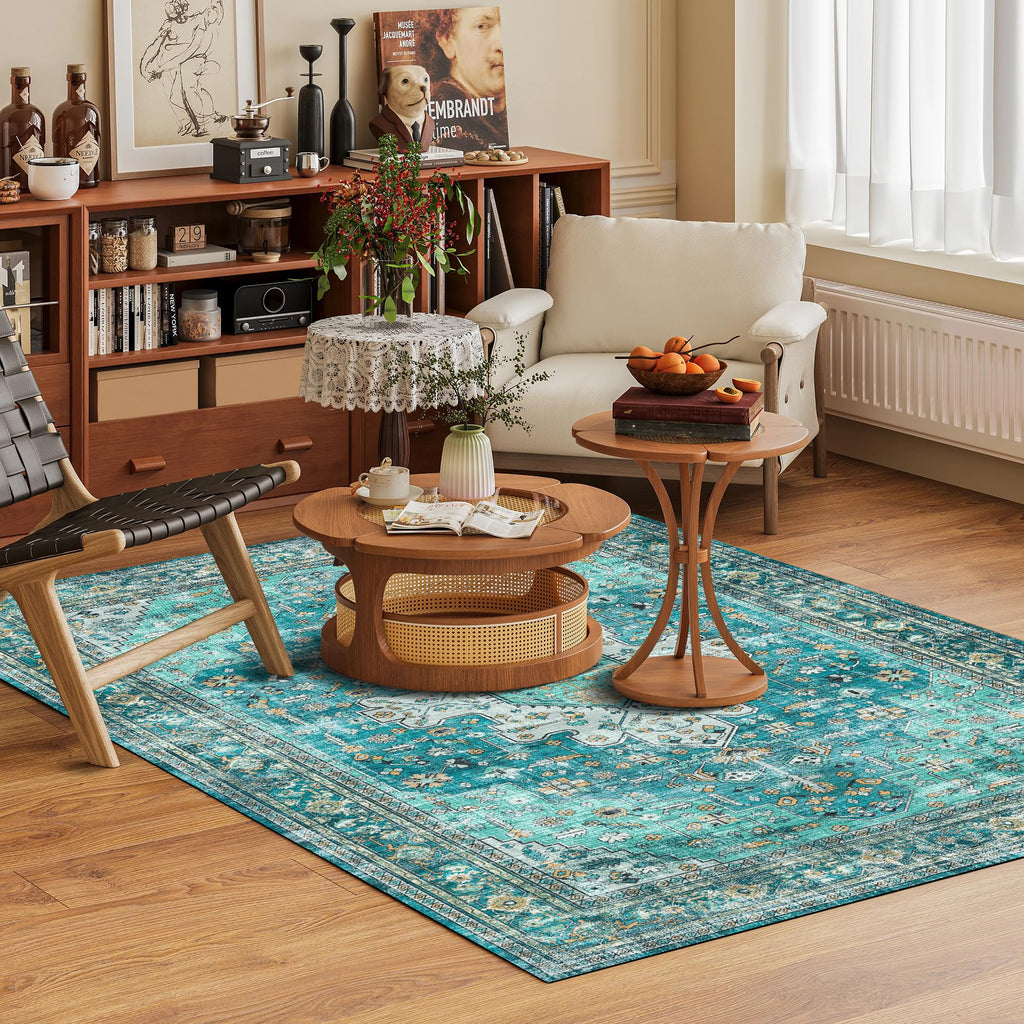 Washable Area Rug 9' x 12' Vintage Traditional Persian Mat - Foldable Distressed Non-Slip Machine Washable Carpet for Living Room Bedroom Kitchen Home Decor - Teal and Gold
