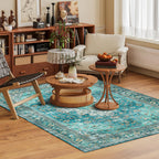 Washable Area Rug 9' x 12' Vintage Traditional Persian Mat - Foldable Distressed Non-Slip Machine Washable Carpet for Living Room Bedroom Kitchen Home Decor - Teal and Gold